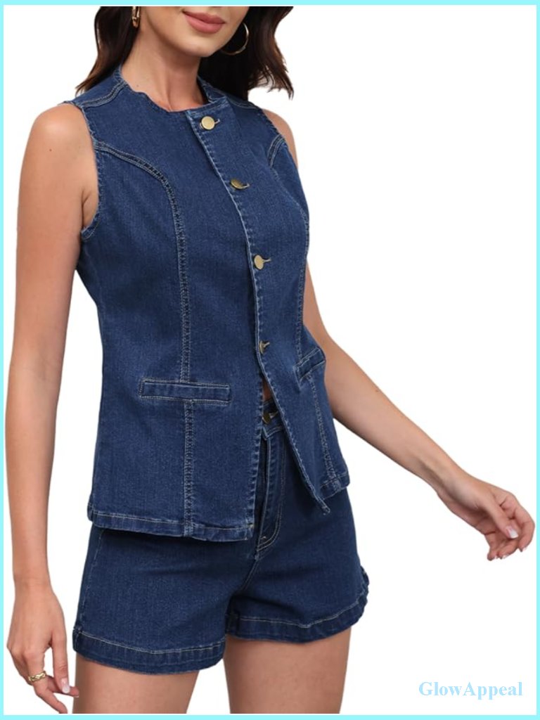 Denim Blazer And Shorts Set - Sleeveless Vest Top With High Waisted Shorts -